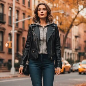 New York & Company Black Faux Leather Jacket w/Grey Zip Hood size M